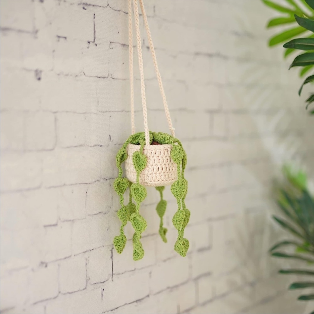 Handmade Woven Plant Pot Yarn Knit Car Mirror/Wall Hanging Cute Garden Accessory - Picture 5 of 5